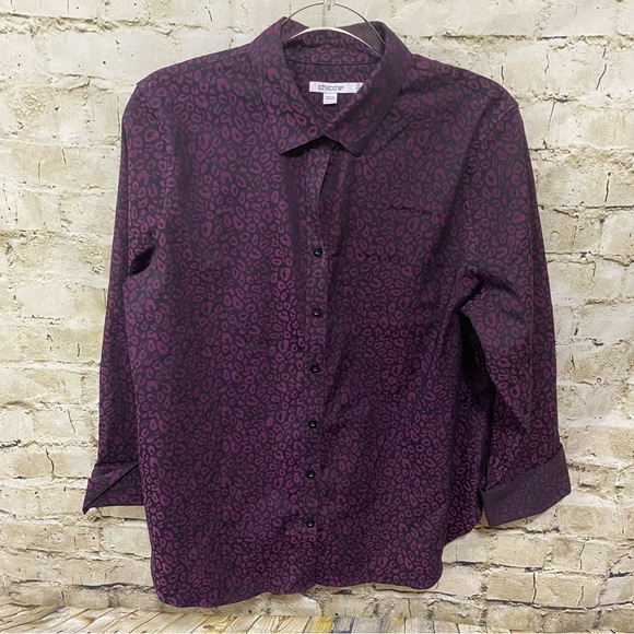Chicos Black Purple Cheetah Print Cuffed 3/4 Sleeve Button Up - Picture 1 of 6